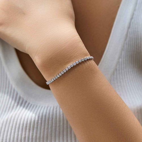 On-wrist shot of women’s classic tennis bracelet in sterling silver