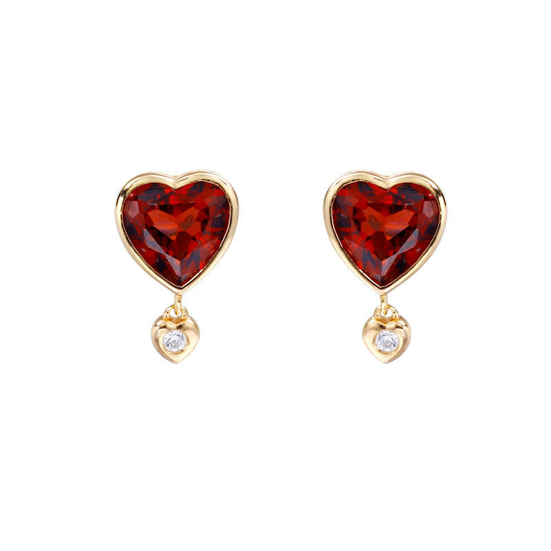 Garnet heart stud earrings in 925 sterling silver, January birthstone jewelry