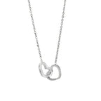 Silver personalized double heart name necklace on white background