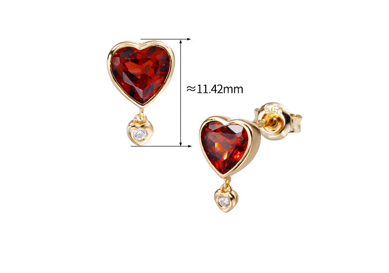 Garnet birthstone earrings for women, heart-shaped sterling silver studs with dimensions