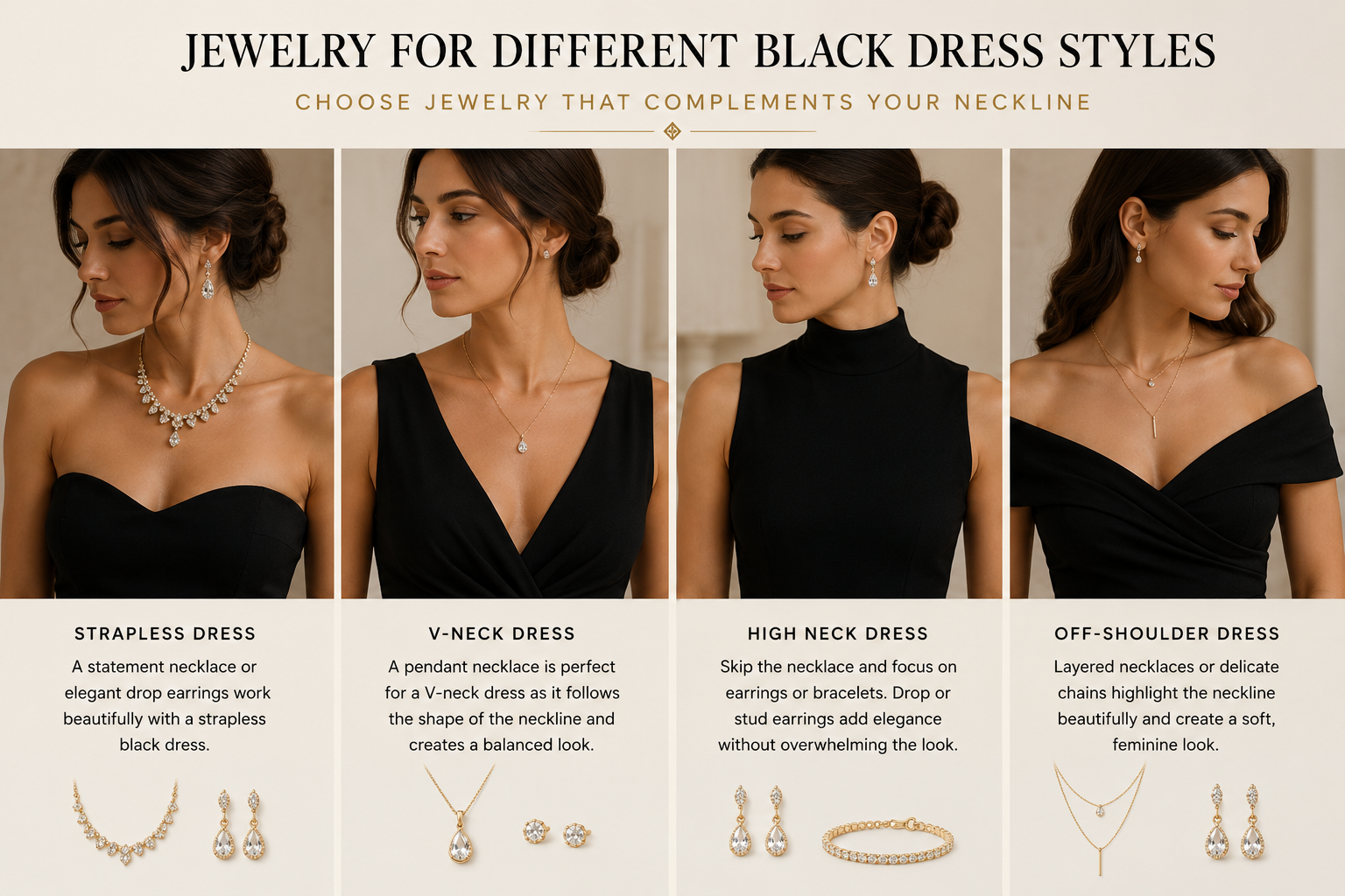Wedding jewelry ideas for different black dress necklines