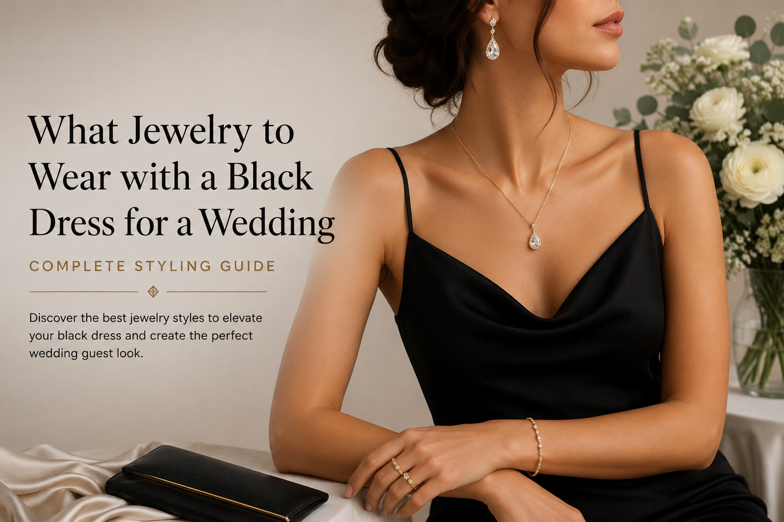 Elegant wedding jewelry styled with a black dress