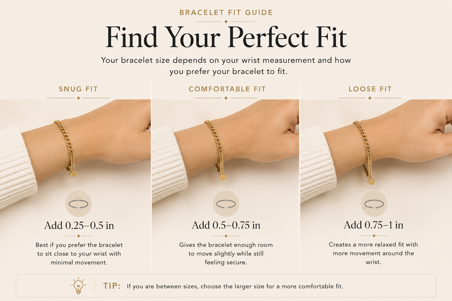Bracelet fit guide showing snug comfortable and loose bracelet fits