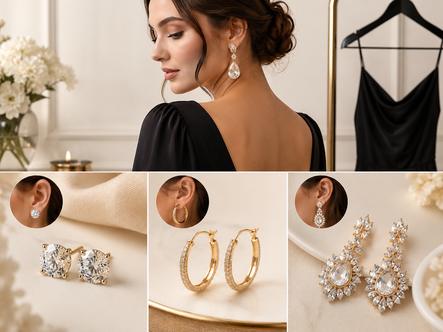 Different earring styles for a black dress including studs hoops and statement earrings