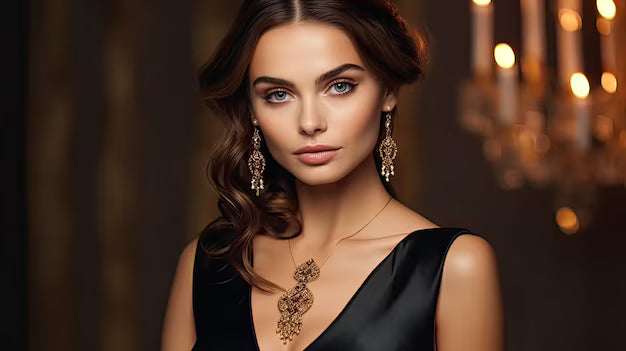 Gold jewelry styled with a black dress for a warm elegant look