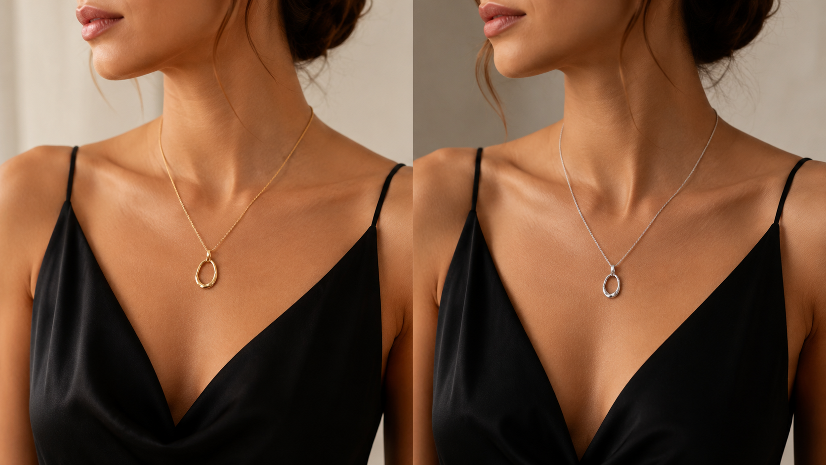 Gold and silver necklaces styled with a black dress