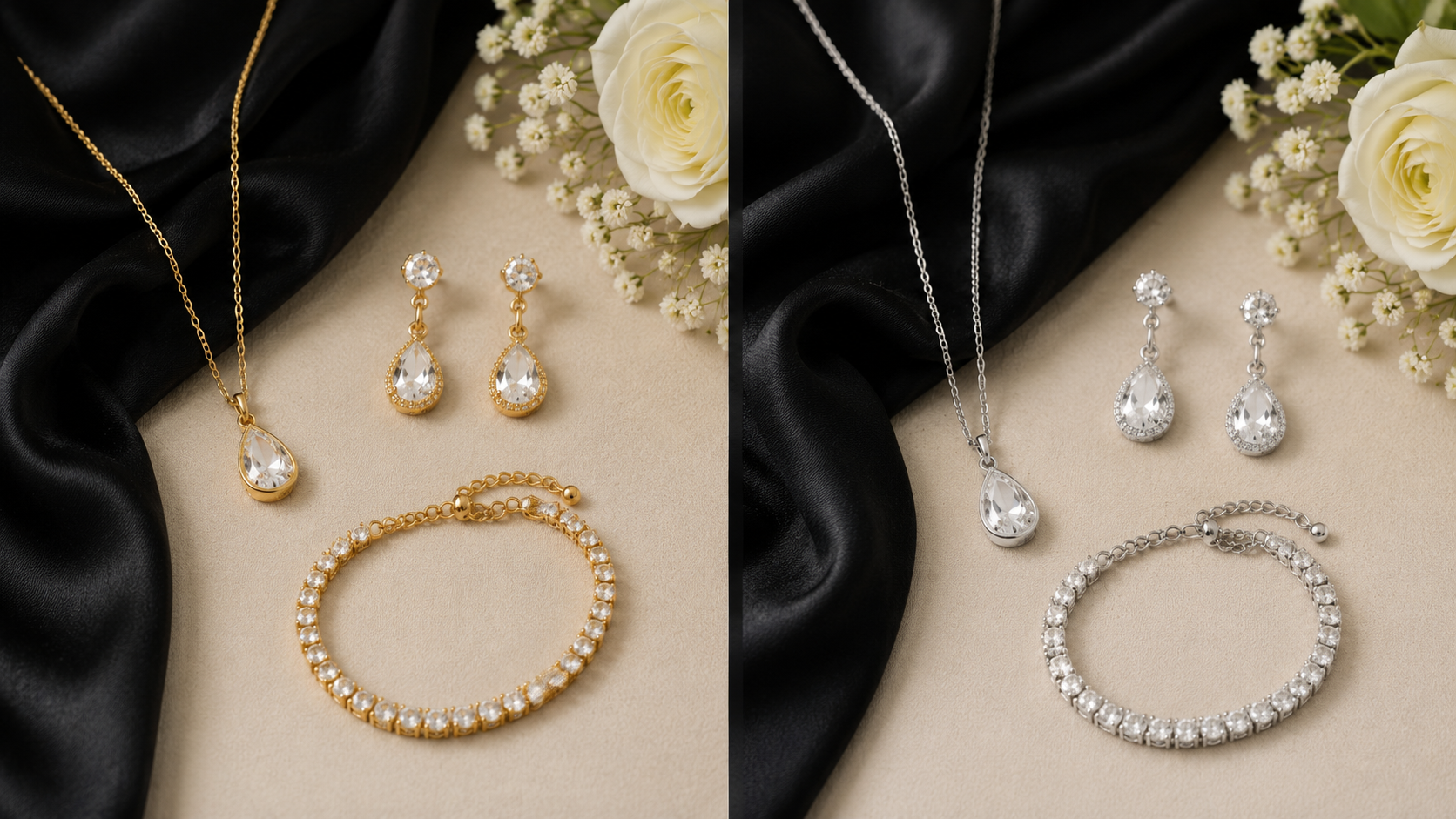 Gold and silver wedding jewelry styled with a black dress