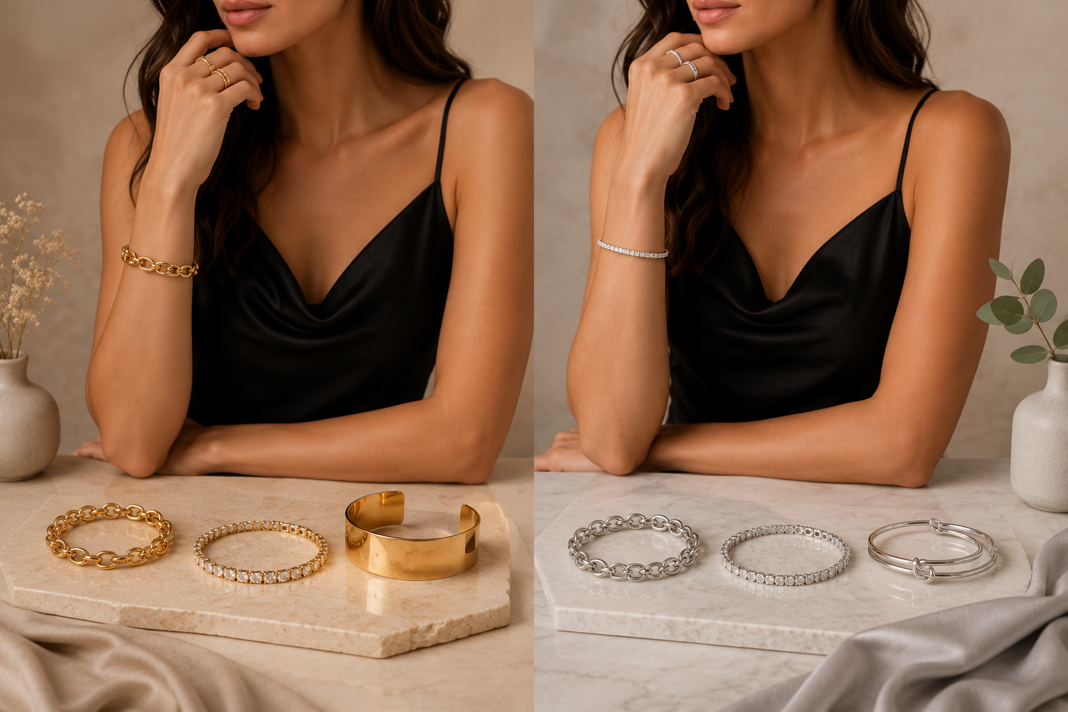 Gold and silver bracelets styled with elegant black dresses