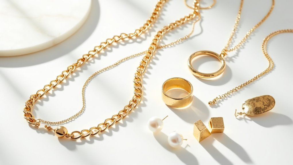 Dainty gold necklace bracelet and earrings on soft gray background