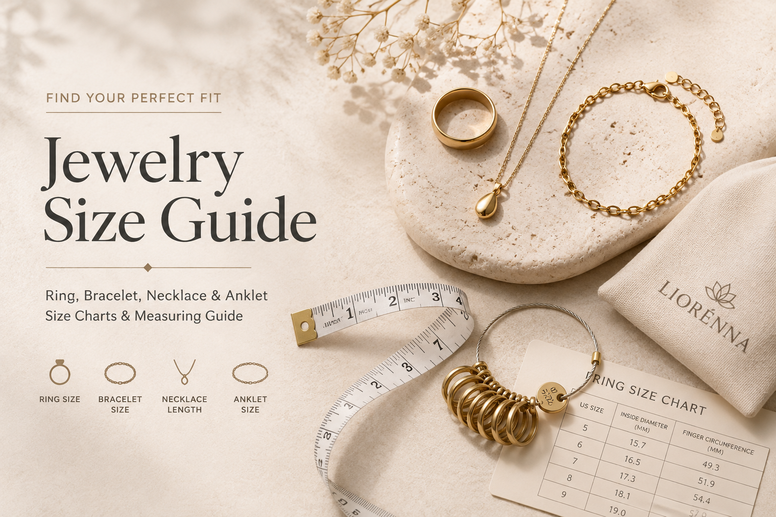 Jewelry size guide for rings bracelets necklaces and anklets