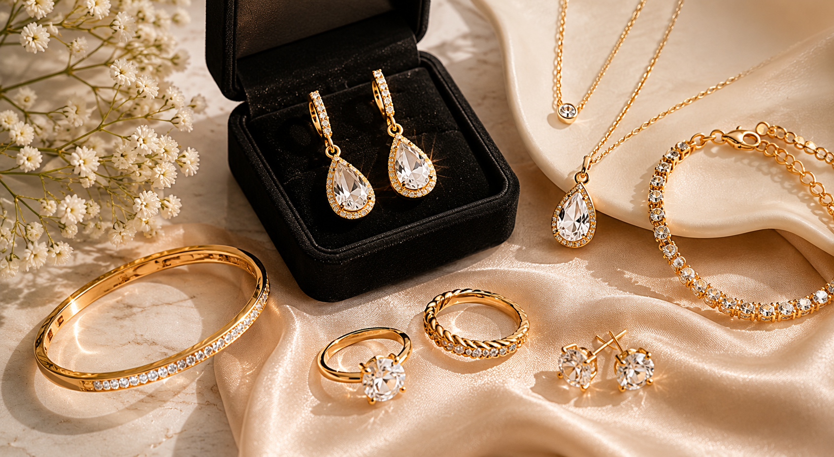 Elegant jewelry for black dress wedding guest outfit