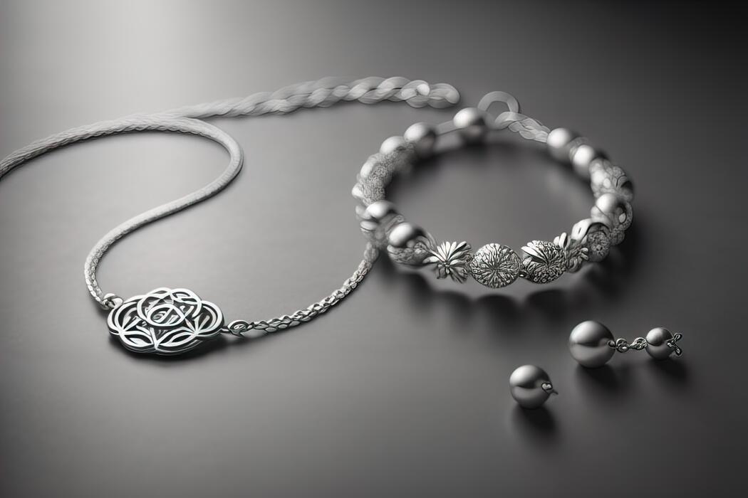 Polished sterling silver jewelry on soft gray background