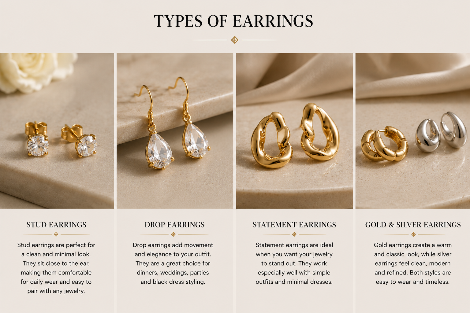 Types of earrings including stud drop statement gold and silver earrings